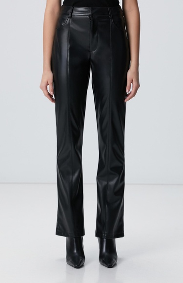  Network Kadın Siyah Kesik Detaylı Deri Pantolon