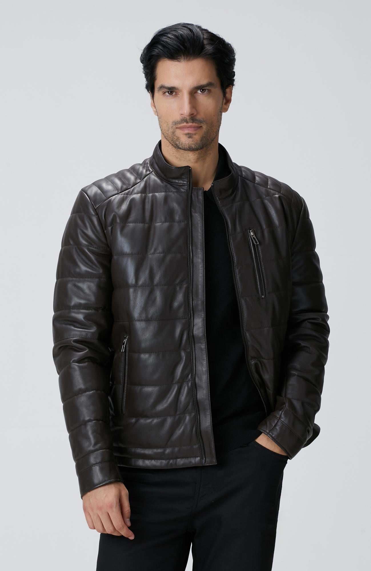  Network Erkek Kahverengi Dik Yaka Deri Mont