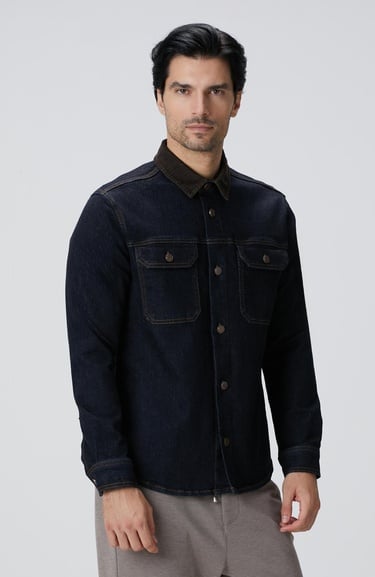  Network Erkek Lacivert Yakası Kadife Denim Gömlek