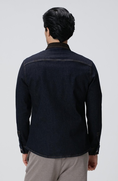  Network Erkek Lacivert Yakası Kadife Denim Gömlek