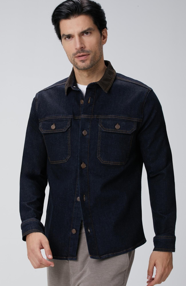  Network Erkek Lacivert Yakası Kadife Denim Gömlek