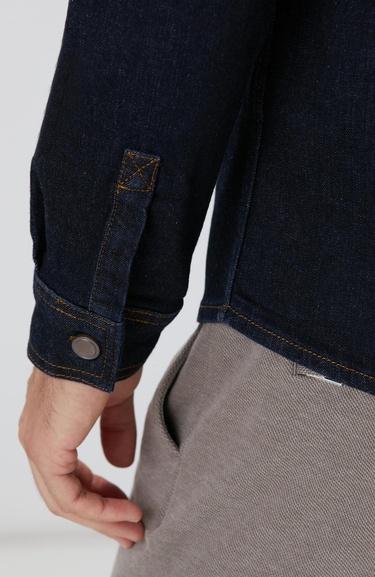  Network Erkek Lacivert Yakası Kadife Denim Gömlek