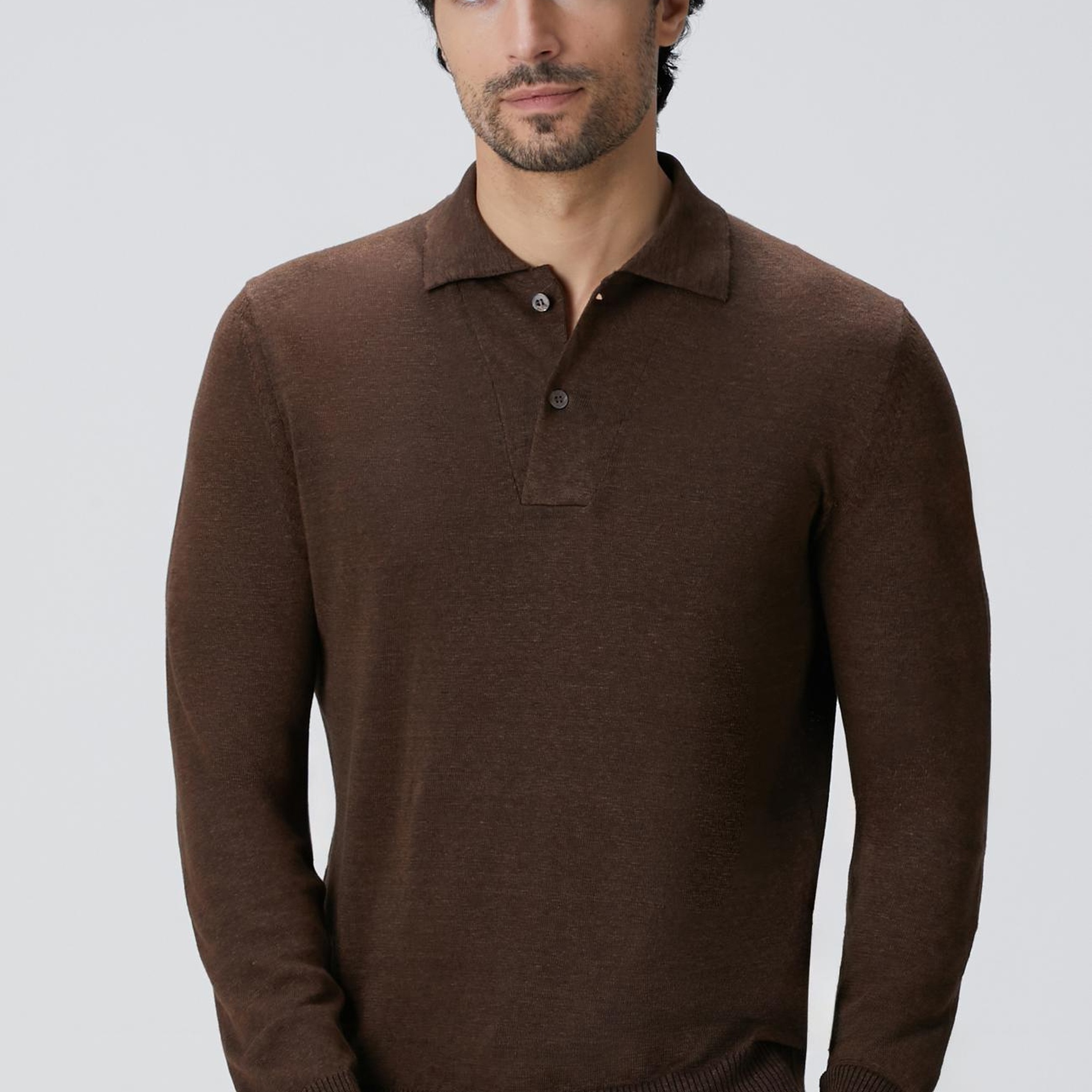 Network Erkek Kahverengi Polo Yaka Keten Karışımlı Triko Kazak