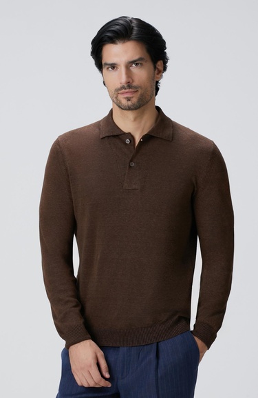  Network Erkek Kahverengi Polo Yaka Keten Karışımlı Triko Kazak