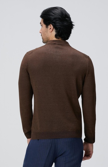  Network Erkek Kahverengi Polo Yaka Keten Karışımlı Triko Kazak