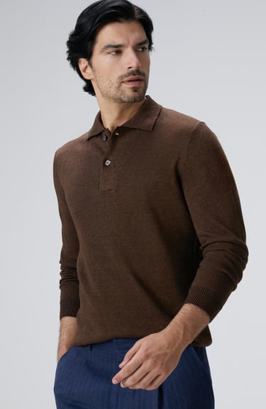  Network Erkek Kahverengi Polo Yaka Keten Karışımlı Triko Kazak