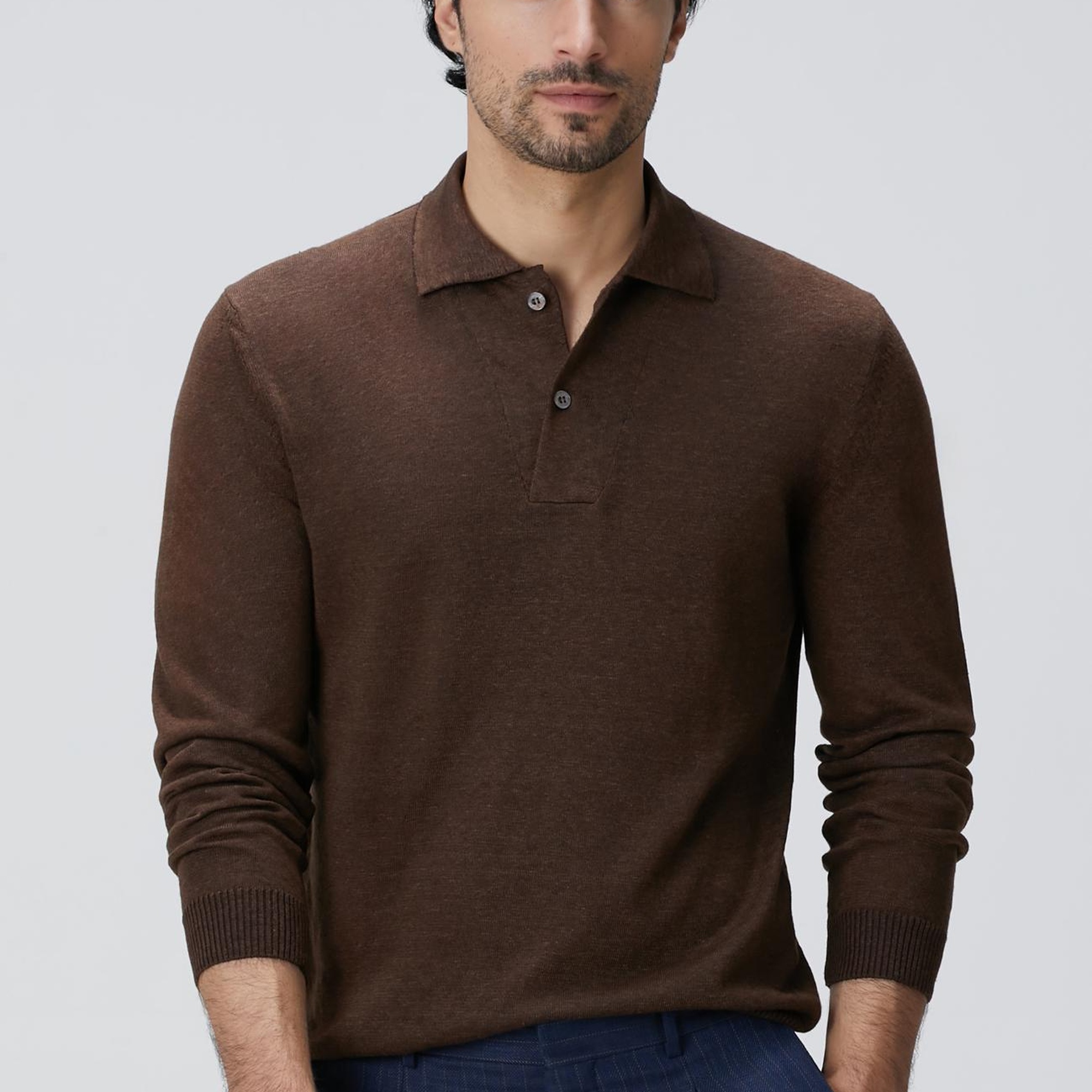 Network Erkek Kahverengi Polo Yaka Keten Karışımlı Triko Kazak