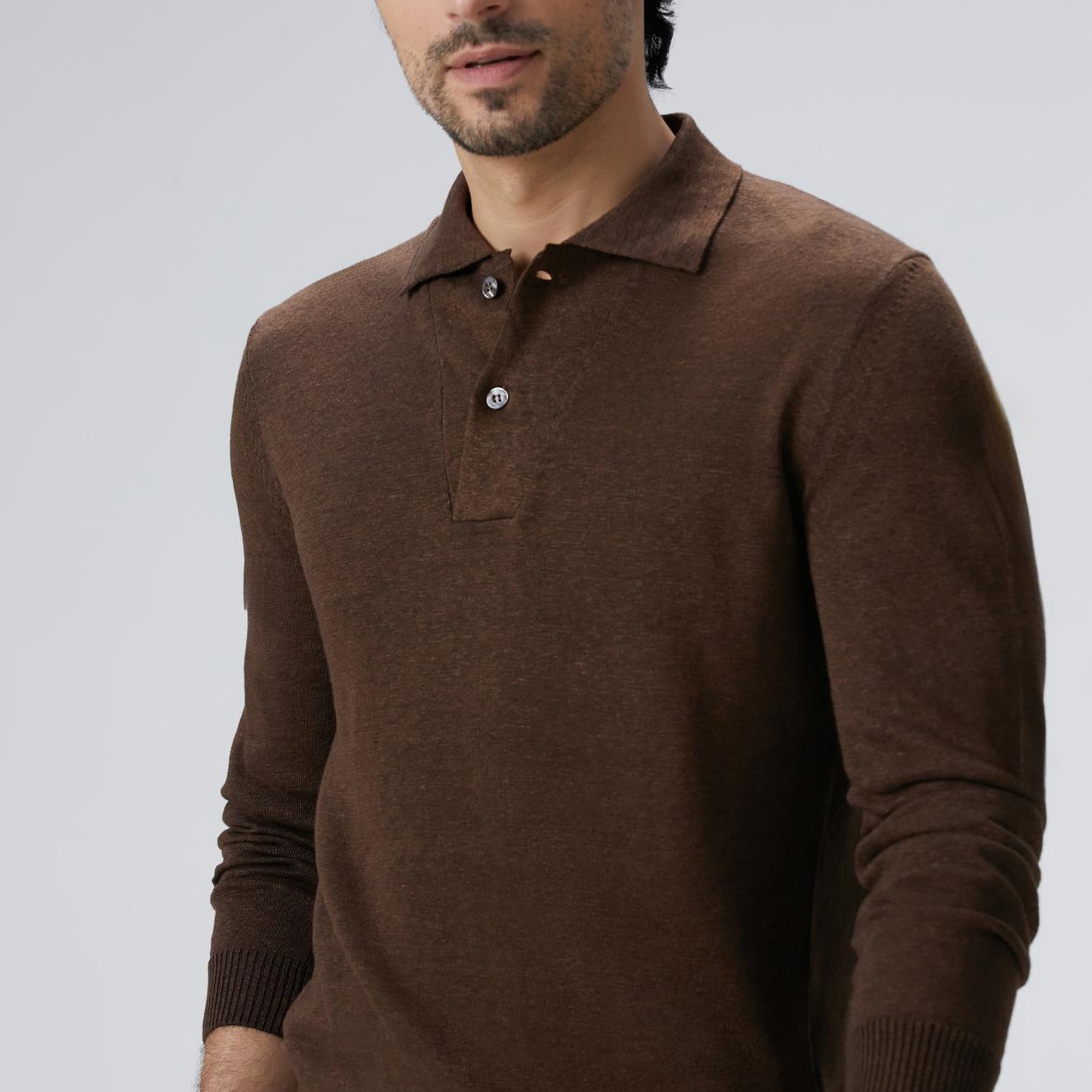 Network Erkek Kahverengi Polo Yaka Keten Karışımlı Triko Kazak