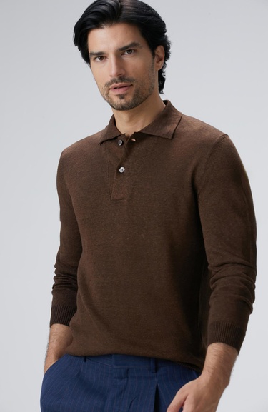  Network Erkek Kahverengi Polo Yaka Keten Karışımlı Triko Kazak