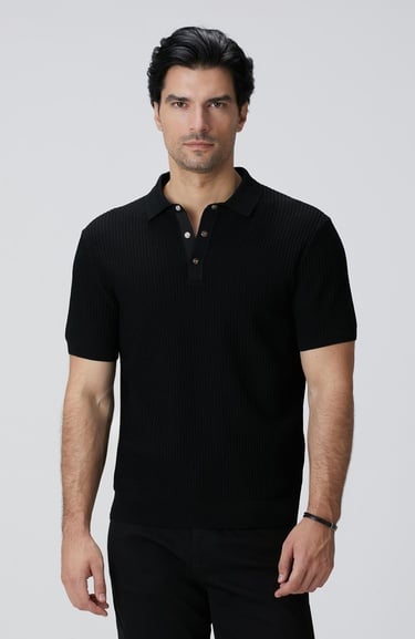  Network Erkek Siyah Polo Yaka Düğmeli Triko Kazak