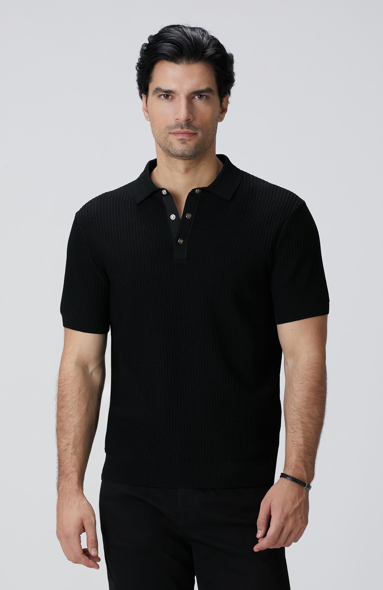  Network Erkek Siyah Polo Yaka Düğmeli Triko Kazak