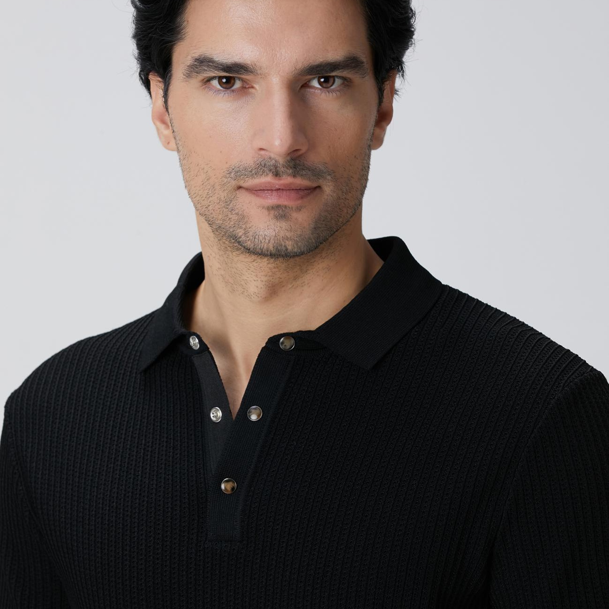 Network Erkek Siyah Polo Yaka Düğmeli Triko Kazak