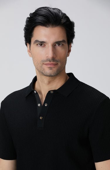  Network Erkek Siyah Polo Yaka Düğmeli Triko Kazak