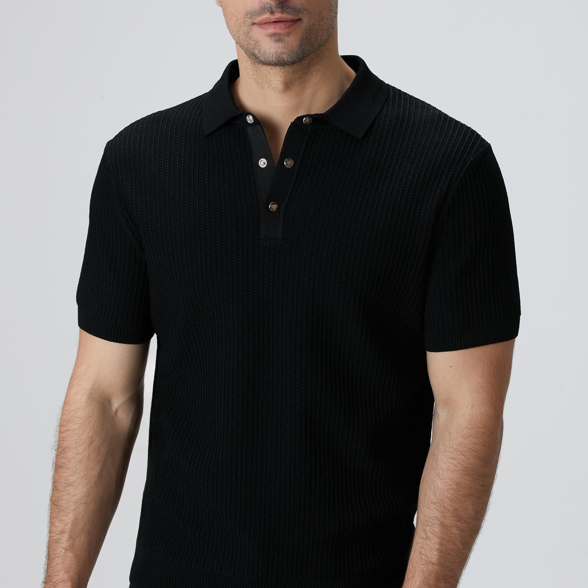 Network Erkek Siyah Polo Yaka Düğmeli Triko Kazak