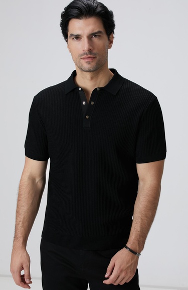  Network Erkek Siyah Polo Yaka Düğmeli Triko Kazak