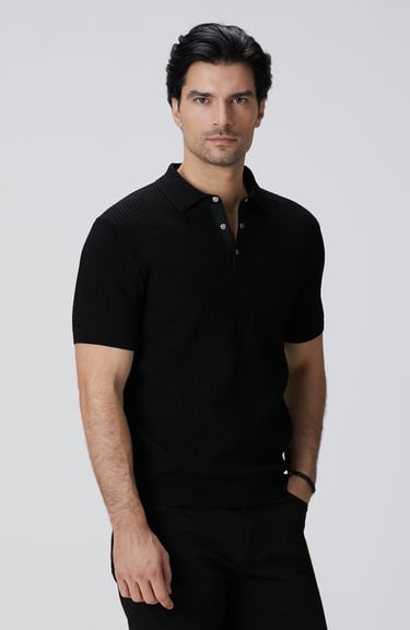  Network Erkek Siyah Polo Yaka Düğmeli Triko Kazak