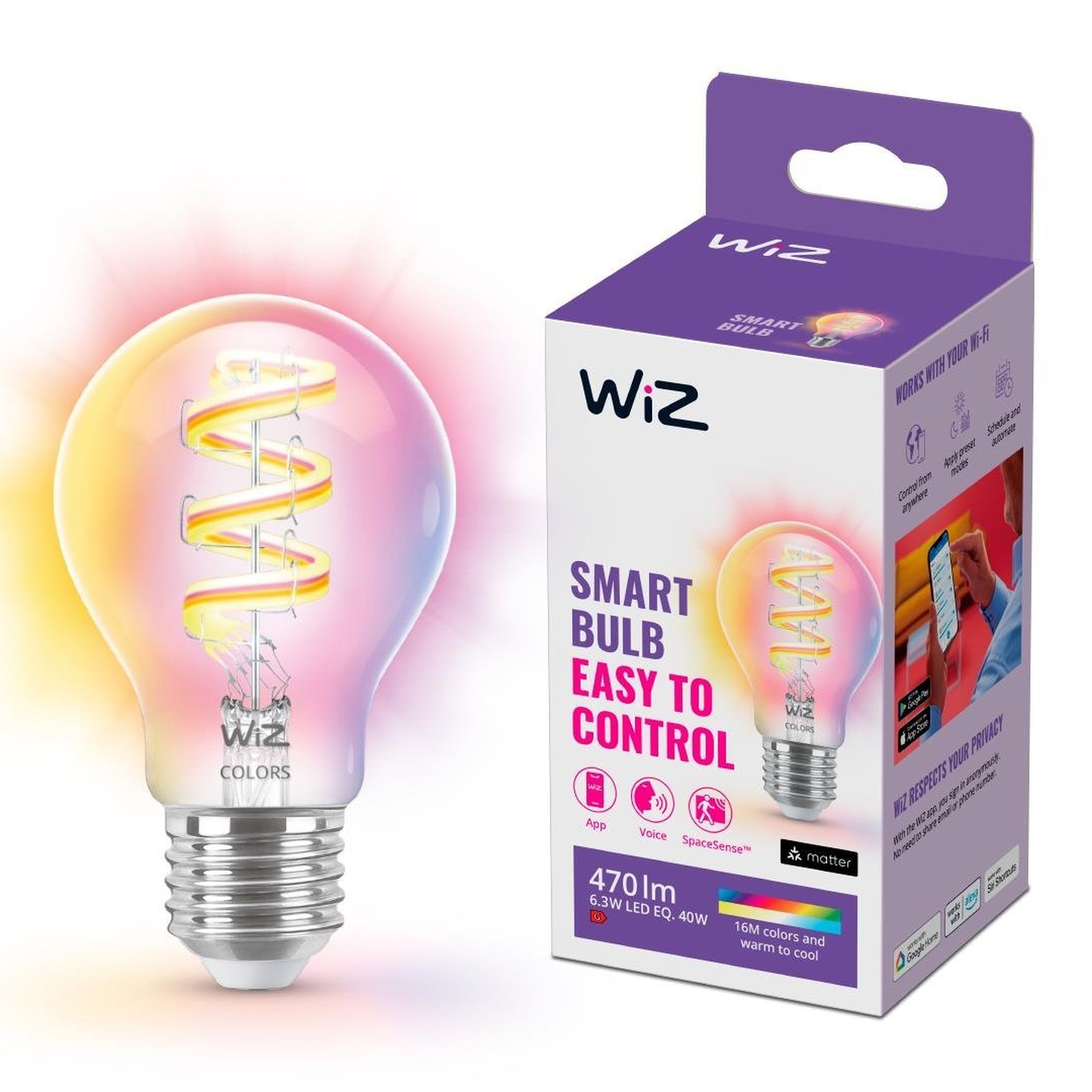 Wiz RGB Filament Şeffaf 40W A60 E27 Akıllı Ampul