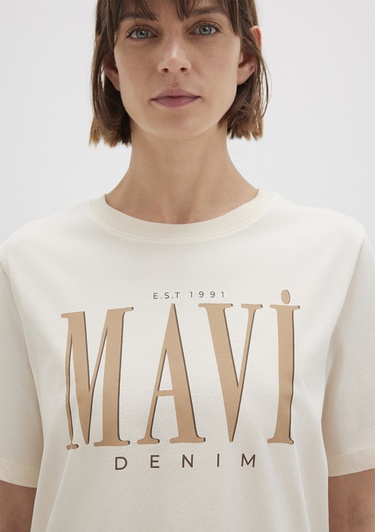  Mavi Mavi Logo Baskılı Bej Tişört Regular Fit / Normal Kesim 1611990-70008