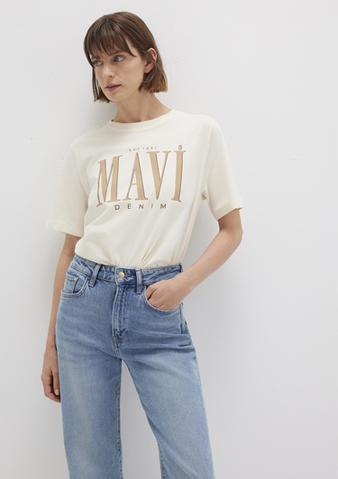  Mavi Mavi Logo Baskılı Bej Tişört Regular Fit / Normal Kesim 1611990-70008