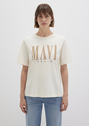  Mavi Mavi Logo Baskılı Bej Tişört Regular Fit / Normal Kesim 1611990-70008