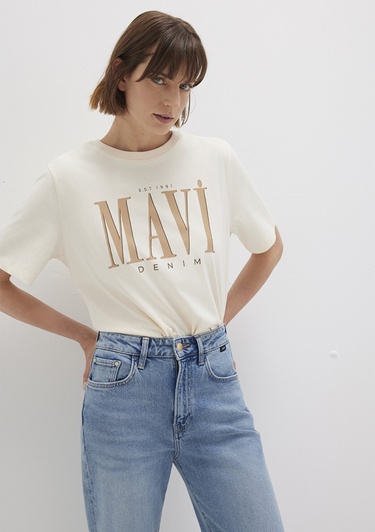  Mavi Mavi Logo Baskılı Bej Tişört Regular Fit / Normal Kesim 1611990-70008