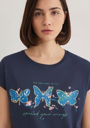  Mavi Kelebek Baskılı Lacivert Tişört Regular Fit / Normal Kesim 1612617-70487