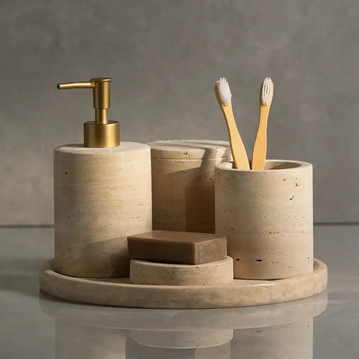  Qua Home Rizz Mermer 5'li Banyo Seti Bej