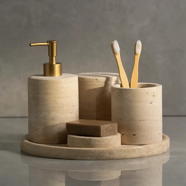  Qua Home Rizz Mermer 5'li Banyo Seti Bej