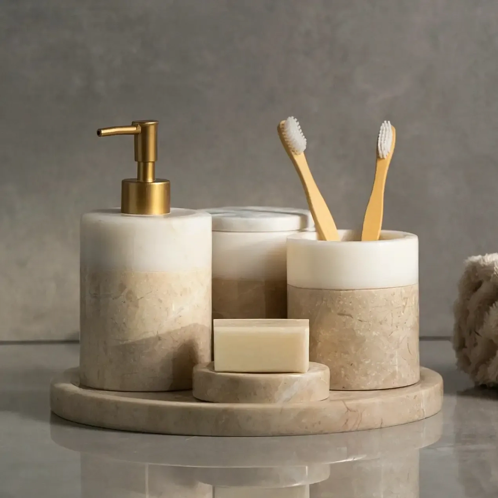 Qua Home Rizz Mermer 5' li Banyo Seti Bej Beyaz