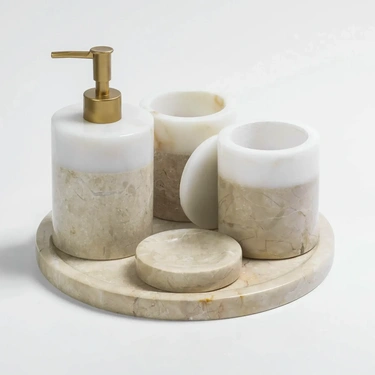  Qua Home Rizz Mermer 5' li Banyo Seti Bej Beyaz