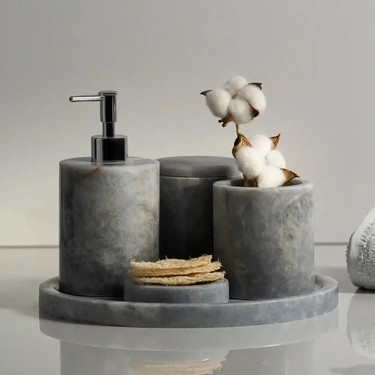  Qua Home Rizz Mermer 5' li Banyo Seti Gri