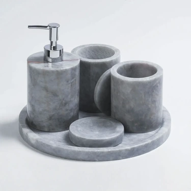  Qua Home Rizz Mermer 5' li Banyo Seti Gri