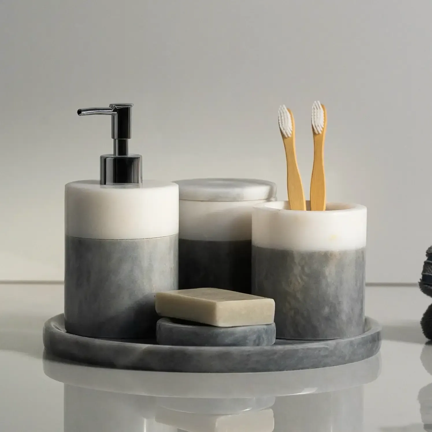  Qua Home Rizz Mermer 5' li Banyo Seti Gri Beyaz