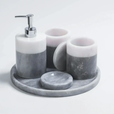  Qua Home Rizz Mermer 5' li Banyo Seti Gri Beyaz