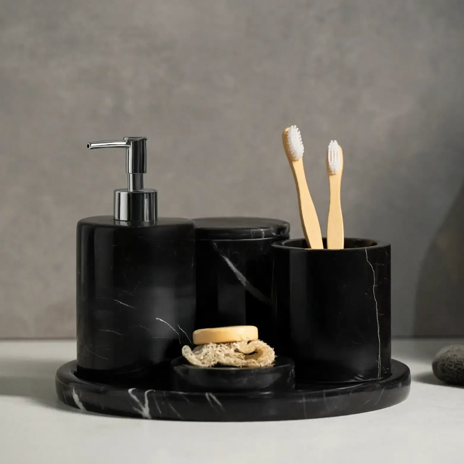  Qua Home Rizz Mermer 5' li Banyo Seti Siyah