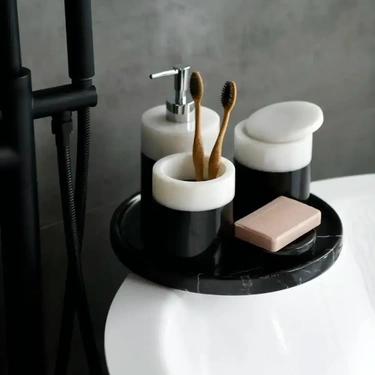  Qua Home Rizz Mermer 5' li Banyo Seti Siyah Beyaz