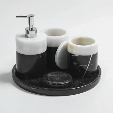  Qua Home Rizz Mermer 5' li Banyo Seti Siyah Beyaz