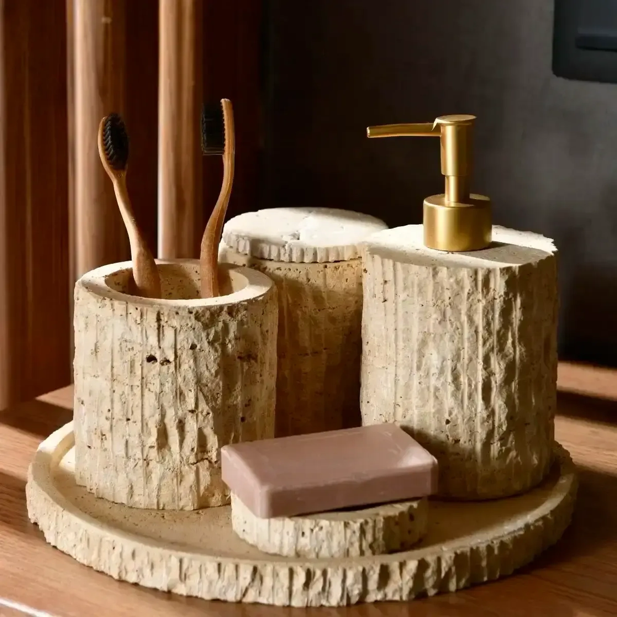 Qua Home Rizz Mermer 5' li Banyo Seti Traverten