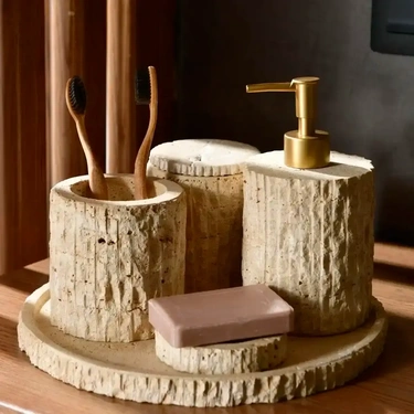  Qua Home Rizz Mermer 5' li Banyo Seti Traverten