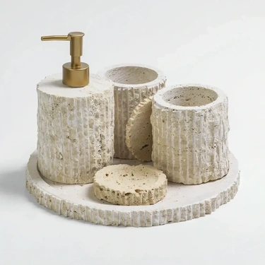  Qua Home Rizz Mermer 5' li Banyo Seti Traverten