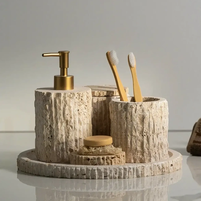  Qua Home Rizz Mermer 5' li Banyo Seti Traverten