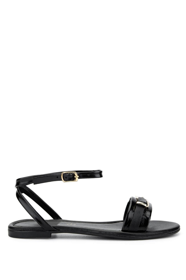  Tamer Tanca Kadın Hakiki Deri Siyah Rugan Düz Sandalet