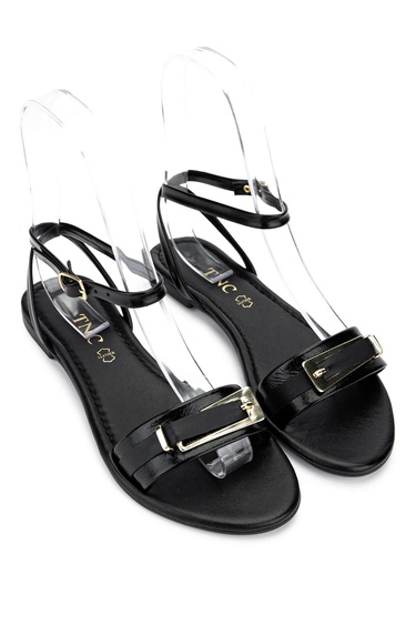  Tamer Tanca Kadın Hakiki Deri Siyah Rugan Düz Sandalet