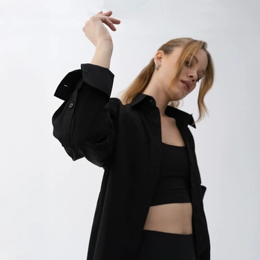  Qua Home Nora Kadın %100 Pamuklu Oversize Gömlek Siyah