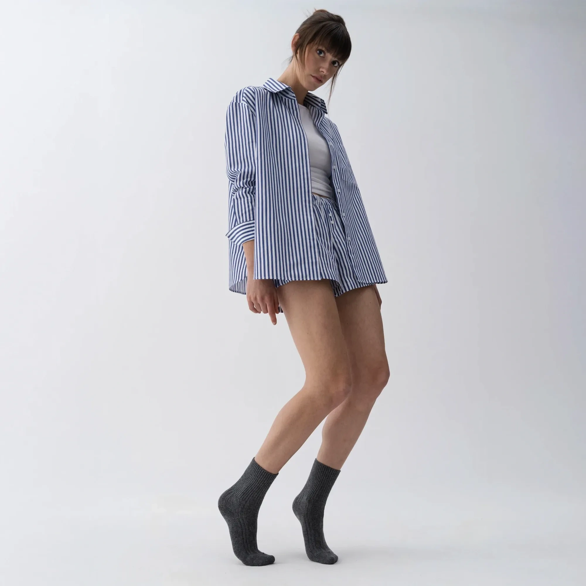 Qua Home Renna Kadın Dokuma Uzun Kollu Gömlek Lacivert