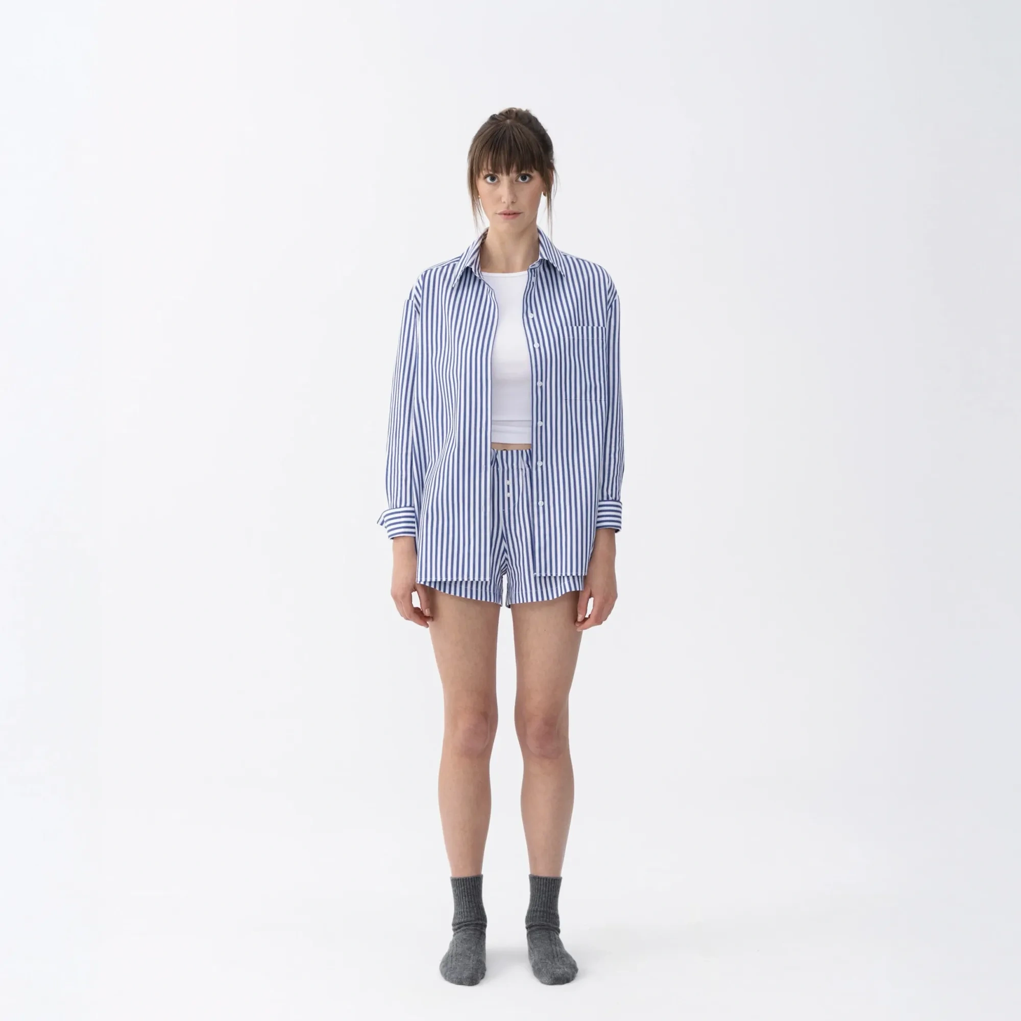 Qua Home Renna Kadın Dokuma Uzun Kollu Gömlek Lacivert