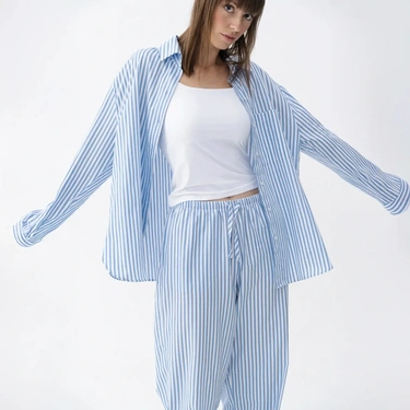  Qua Home Renna Kadın Dokuma Uzun Kollu Gömlek Mavi