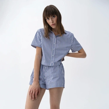  Qua Home Cecile Kadın Dokuma Kısa Kollu Gömlek Lacivert