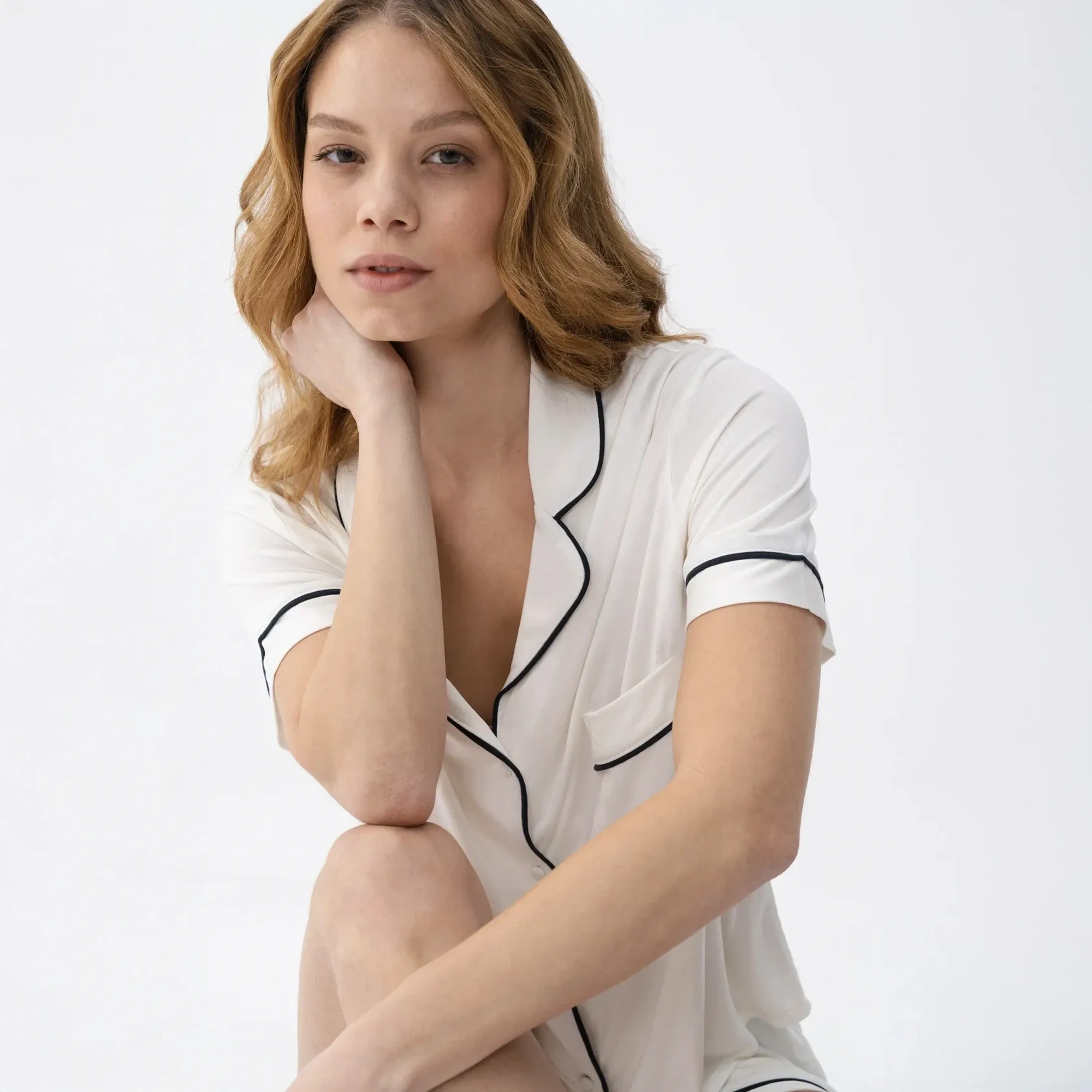 Qua Home Sia Kadın Modal Suprem Biyeli Kısa Kol Gömlek Ekru