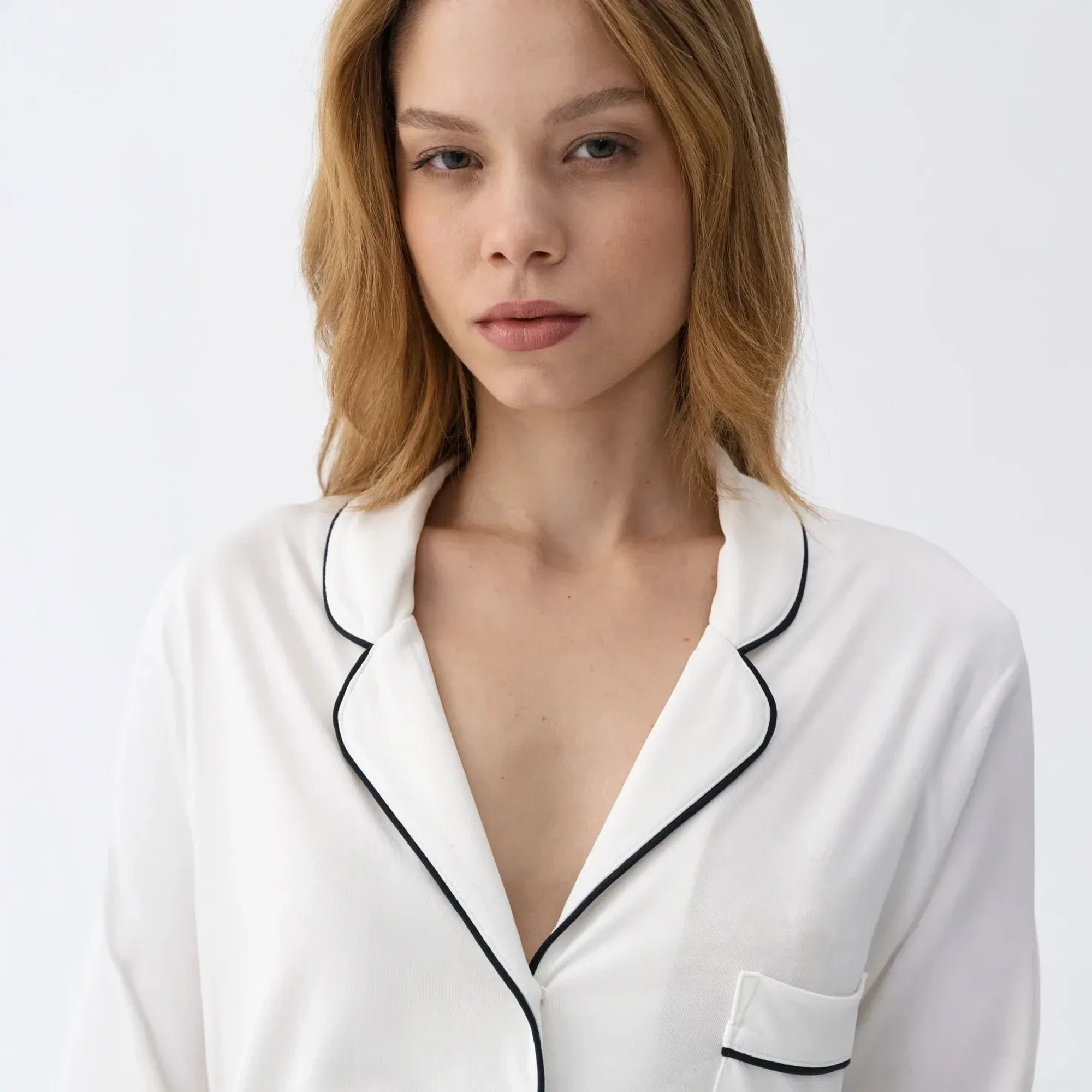 Qua Home Sia Kadın Modal Suprem Biyeli Uzun Kol Gömlek Ekru